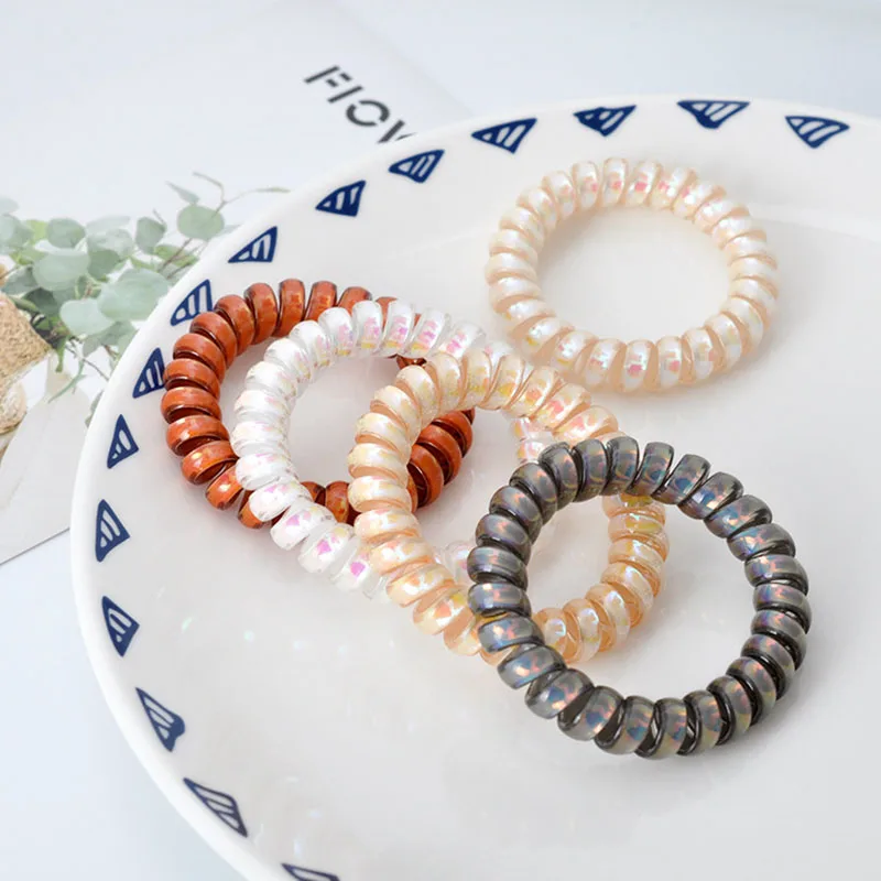 

2PC Student Color Telephone Line Hair Circle Mermaid Sparkling Transparent Laser Pearl Light Head Rope Ornament Bracelet