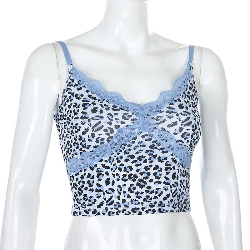 Sexy Leopard Print Vest Female V Neck Lace Patchwork Sleeveless Women Top Tee Summer Bohemian Style Y2195A camisole bra