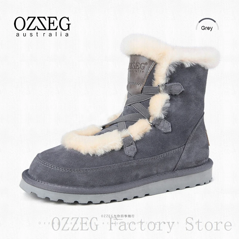 OZZEG/Роскошные брендовые дизайнерские зимние ботинки женская австралийская подкладка из натуральной овечьей шерсти зимняя обувь из натуральной кожи с мехом женская обувь наивысшего качества - Цвет: Серый