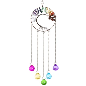 

H&D Chakra Crystal Tree of Life Suncatcher With Colorful Crystal Ball Prism Ornament Rainbow Maker Window Hanging Ornament Decor
