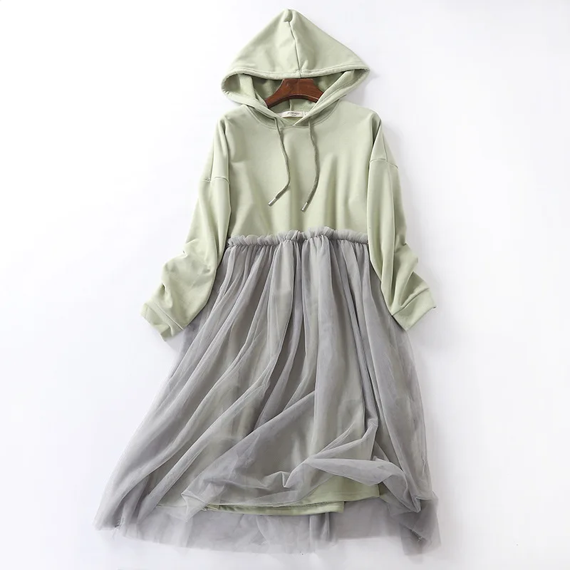

Hoodie Dress Women Long Sleeve Autumn Hooded Sweatshirt Dress Medium Long Mesh Dress Korean Loose Large Size Pullover Sweater
