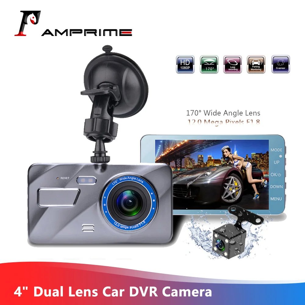 Автомобильный видеорегистратор AMPrime с двумя объективами, 4 дюйма, Full HD, 1080 P, регистратор, переднее+ заднее синее зеркало, ночное видение, видео регистратор, парковочный монитор