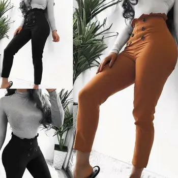 

Sexy Women Skinny Stretch Pencil Trousers High Waisted Casual Pants Leggings Hot Button Pencil Pants