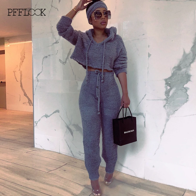Gray PFFLOOK, вязаный свитер, комплект из двух предметов, женский короткий топ с длинным рукавом, длинные штаны, сексуальный осенний зимний комплект из 2 предметов, элегантная одежда - Цвет: Gray