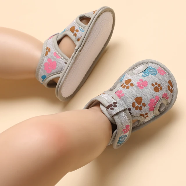 2021 NEW 0-18Months Kids Newborn Baby Boys Fashion Summer Soft Crib Shoes First Walker Anti Slip Sandals Shoes Soft Sole B272 Grey footprints