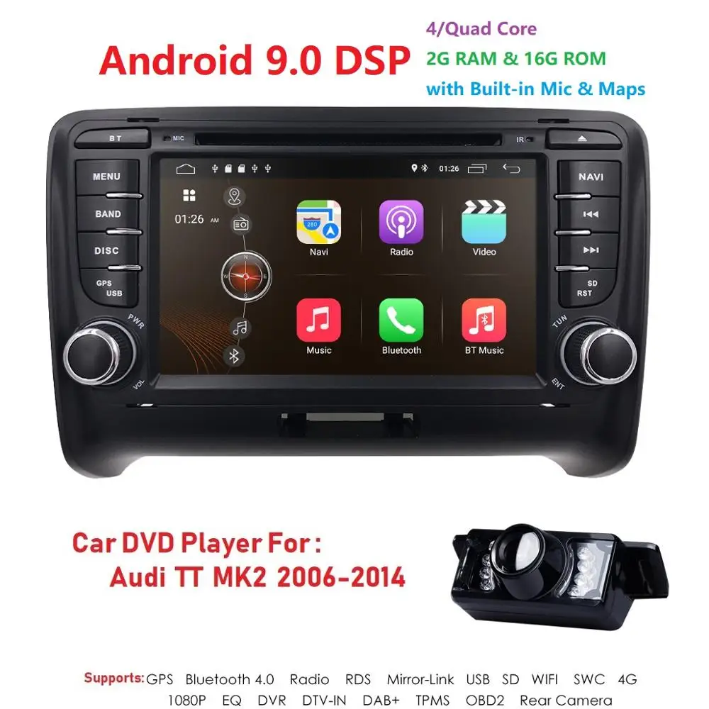 Cheap Android 9.0 4-Core Car Radio Stereo DVD Player GPS Navigation For AUDI TT MK2 DAB OBD2 Bluetooth Headunit +Free Rear Camera+Map 3