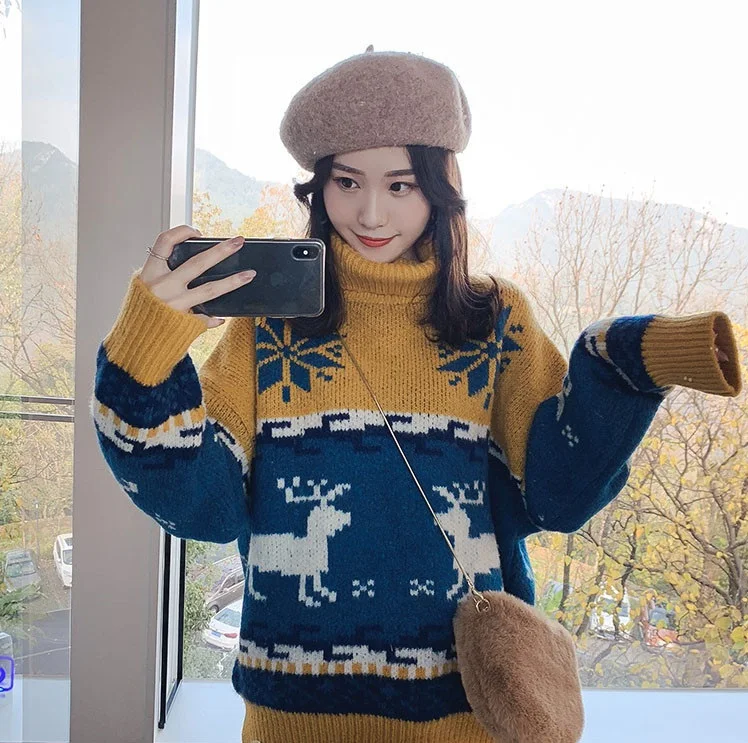 Рождественский свитер, пуловер с высоким воротом, толстые женские свитера, Осень-зима, новинка, снежинка, лось, олень, Корейская Свободная верхняя одежда