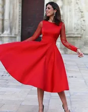 

Red Satin Tea Length Prom Dress 2021 Elegant Sheer Long Sleeves Backless Women Evening Formal Party Gowns Robe De Cocktail