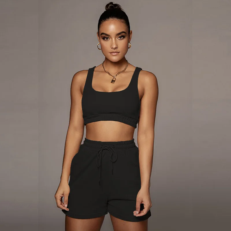 Vamos Todos 2021 Summer Solid Crop Tank Top and Shorts Drawstring Two Piece Set Women Outfit Sports GYM 2 Piece Set Tracksuits