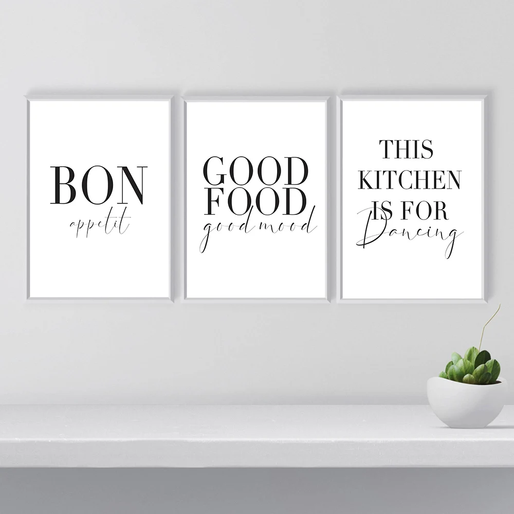 Minimalist-Good-Food-Good-Mood-Bon-Appetit-Quotes-Canvas-Painting-Black-White-Wall-Art-Poster-Print