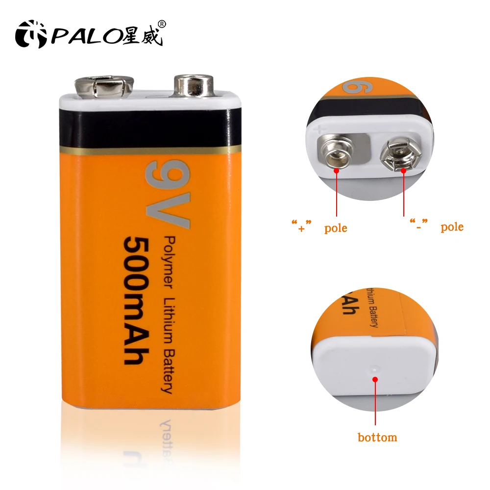 PALO 9V Rechargeable Battery 500mAh 9V Lithium rechargeable battery 9v 6f22 Li-ion batteries for Mrophone 9v Battery