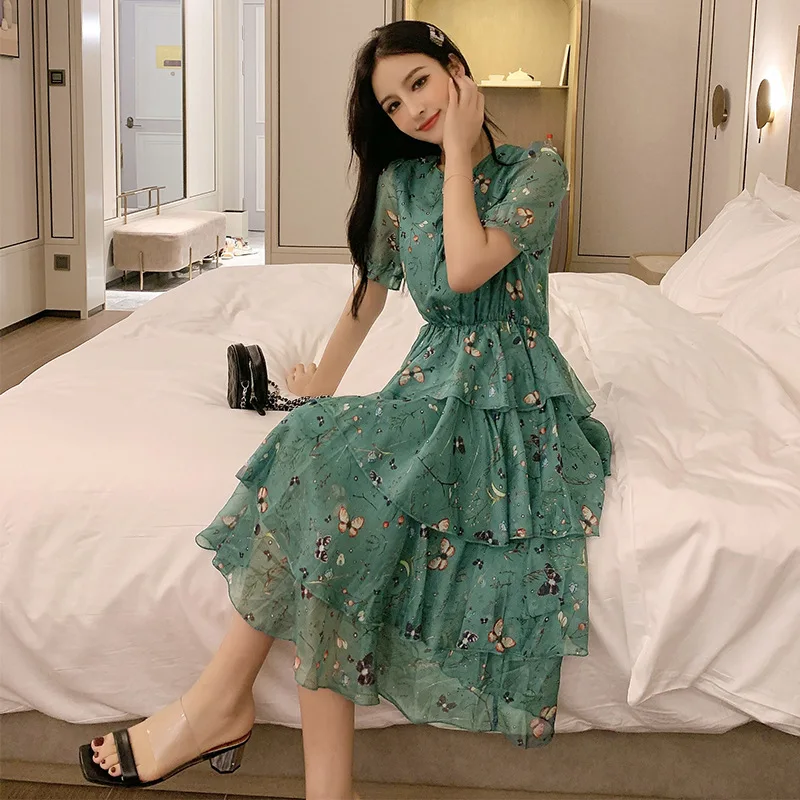 

WOMEN'S Dress 2019 Summer Wear New Style Korean-style Elegant Crew Neck Bow Printed Cake Dress Chiffon Dress Women's