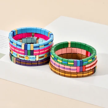 

Fashion Enamel New Geometric Elements Shape Bracelet Dark Enamel Metal Painted Tile Bracelet Bohemian Stretch Beads Bracelet