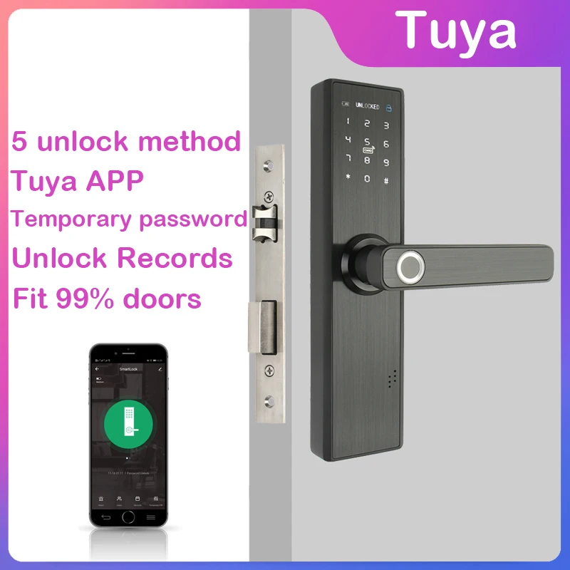 Hafb2cd8cc7924505b99438cb532f9a33J Wifi Tuya APP Electronic Door Lock Biometric Fingerprint 13.56mhz IC Card Password Mobile Phone Unlock Remotely Smart Home