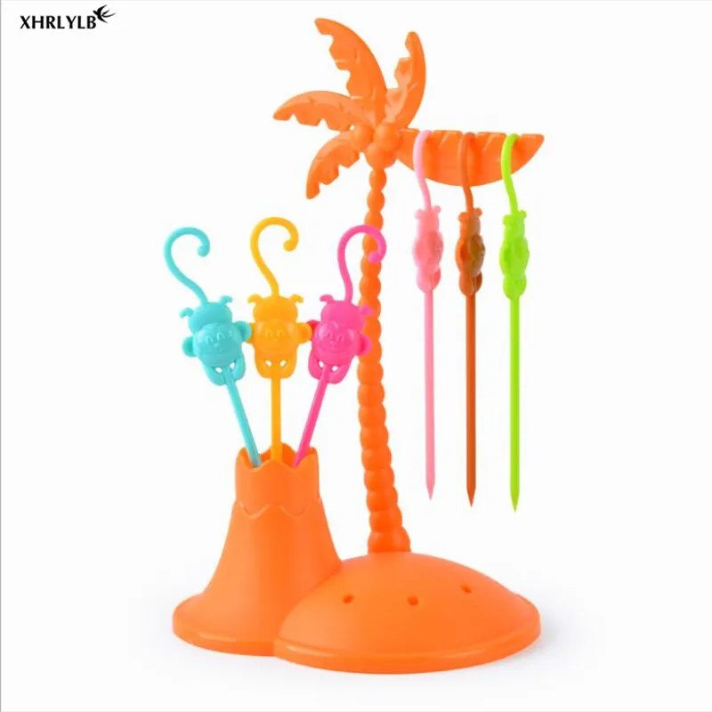 Orange XHRKYLB Creative Coconut Tree Monkey Fruit Fork Plastic Multi-function Fruit Snack Snack Snack Fork Party Wedding Decoration.7z - Color: Orange
