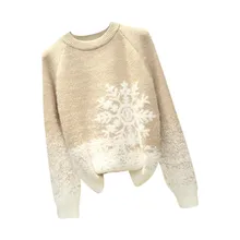 Women O-Neck Merry Christmas Snowflake Print Thick Knitted Sweater Pullover Tops кофта женская