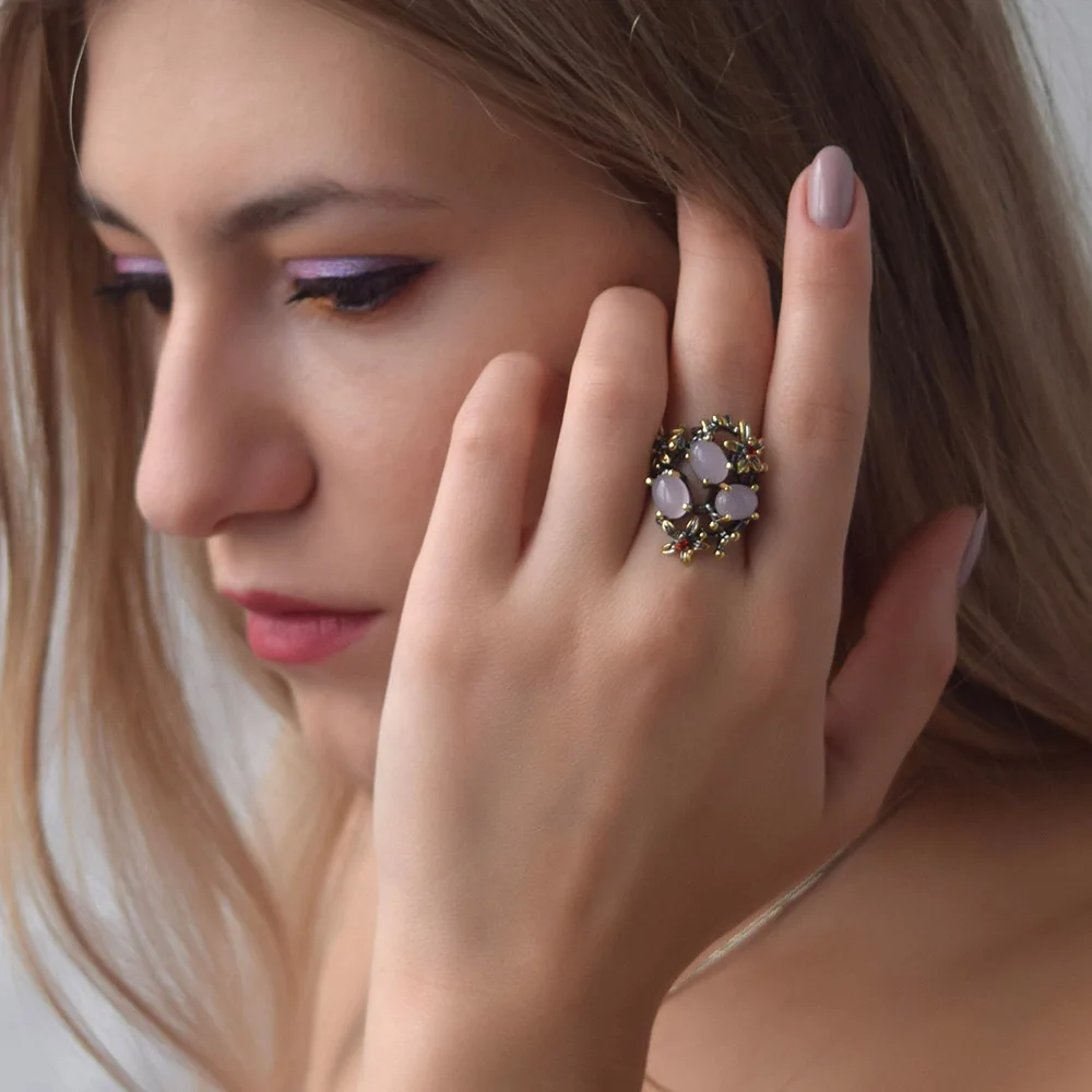Цветок Овальный розовый опал кольцо красивый пистолет черное ожерелье из искусственного жемчуга с сережками качество подарок матери латунные ювелирные кольца для жены