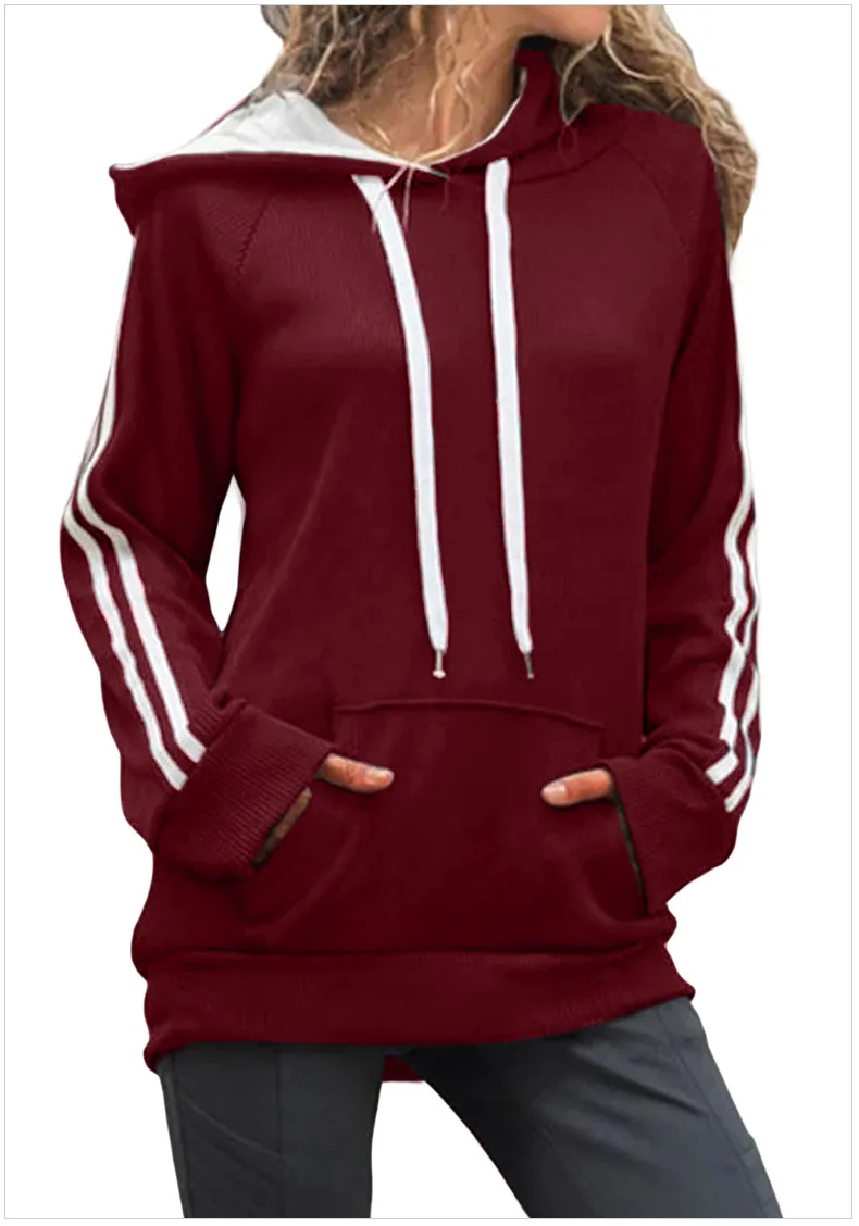 Basic Cotton Hoodie with Kangaroo Pocket New Stripe Stitching Long-sleeved Kangaroo Pocket Jacket