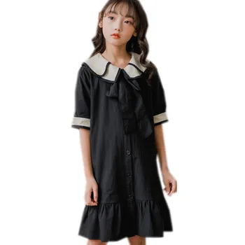 

4 to 16 years kids & teenager girls summer cotton casual bow flare dresses children girl fashion contrast color dress clothes