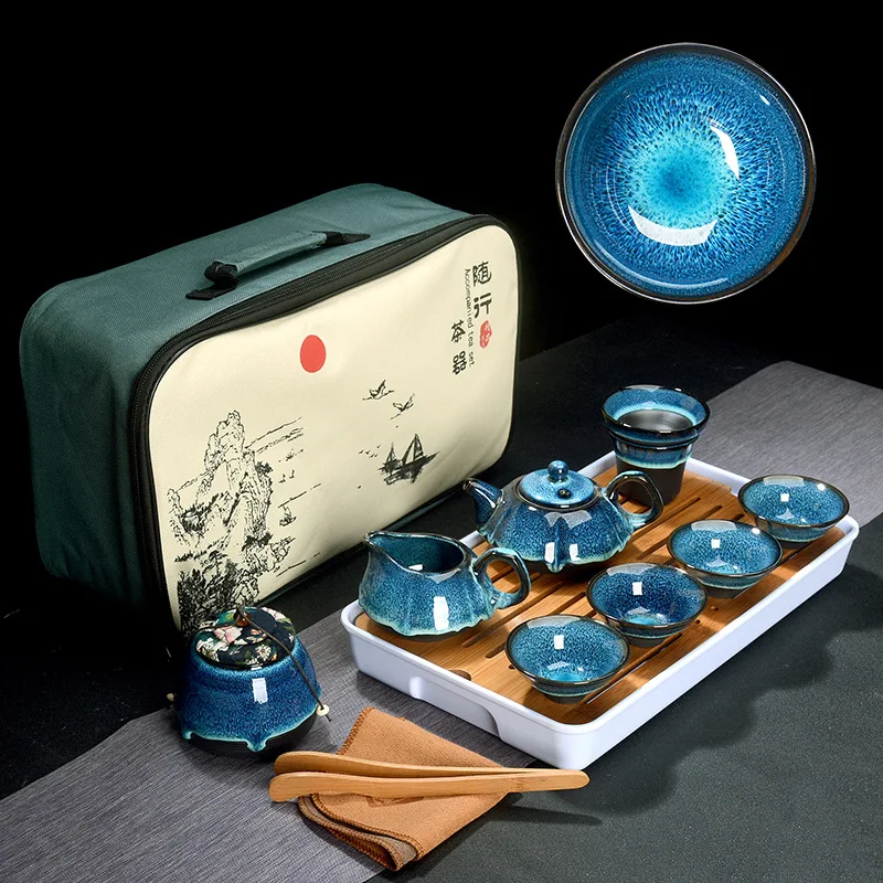 Китайский чайный набор из синей янтарной глазури керамический Jingdezhen Temmoku глазурь