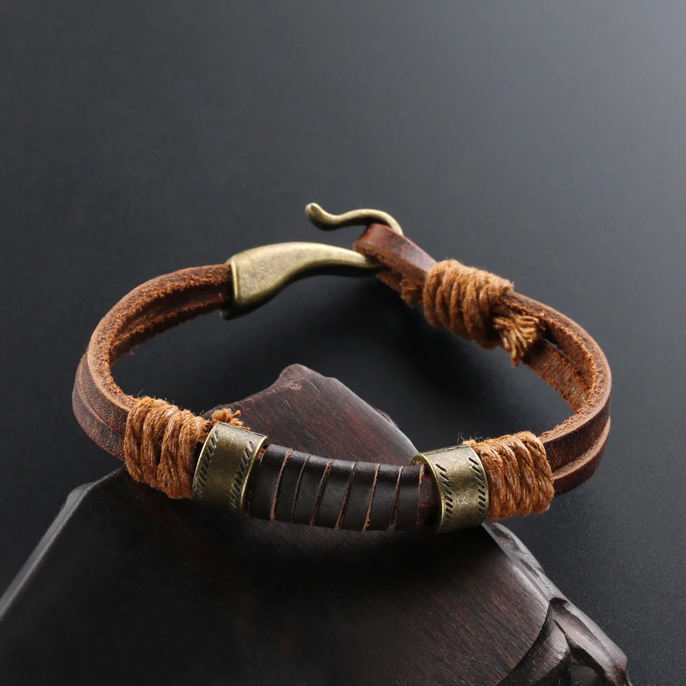 Kirykle Fashion Design Brown Punk Handmade Wide Men Leather Bracelets Women Vintage Cuff Bangle Male Homme Jewelry Accessories