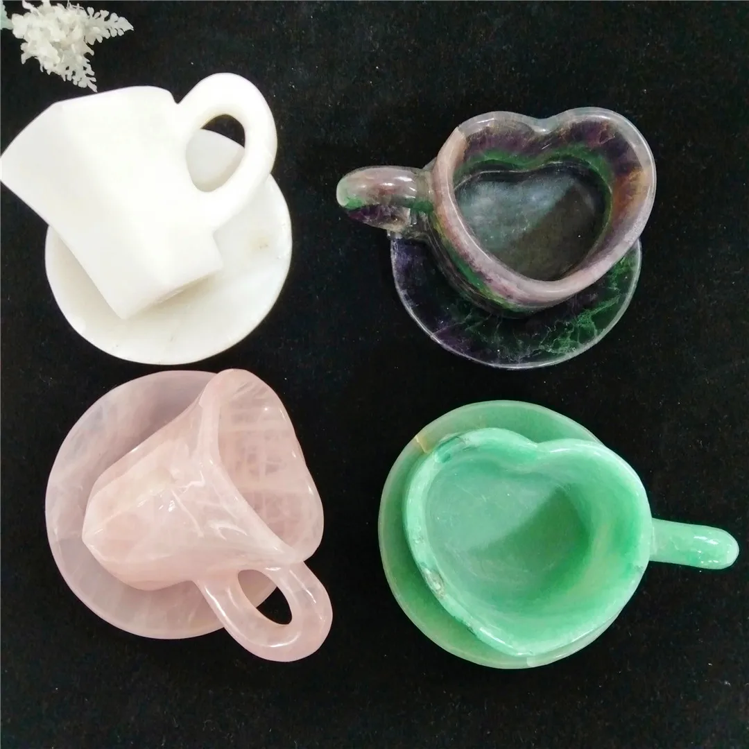 

Real Natural Crystal Cup Set Romantic Rose Quartz Rainbow Fluorite Heart Shaped Carving For Home Office Decor Wedding Gift