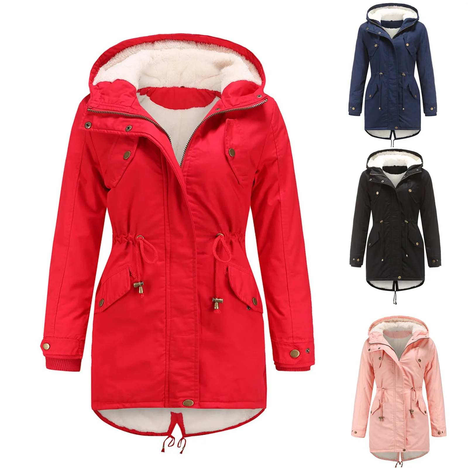 

Women Drawstring Hoodie Coat Warm Inside Fleece Padded Coat Slim Zipper Coat Winter Jacket Long Hooded Cotton Female Coat