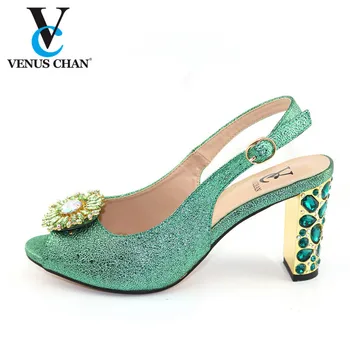 

2020 New African Ladies Sexy High Heels Pumps Green Rhinestones Design Ladies Women Pumps Nigerian Sandal Shoes for Parties