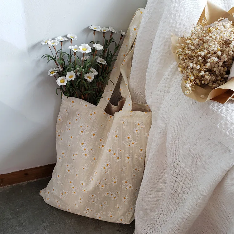 

Women Daisy Flowers Canvas Tote Bag Cotton Cloth Shoulder Bag Sweet Ladies Shopper Bag Soft Eco Handbag Reusable Shopping Bag