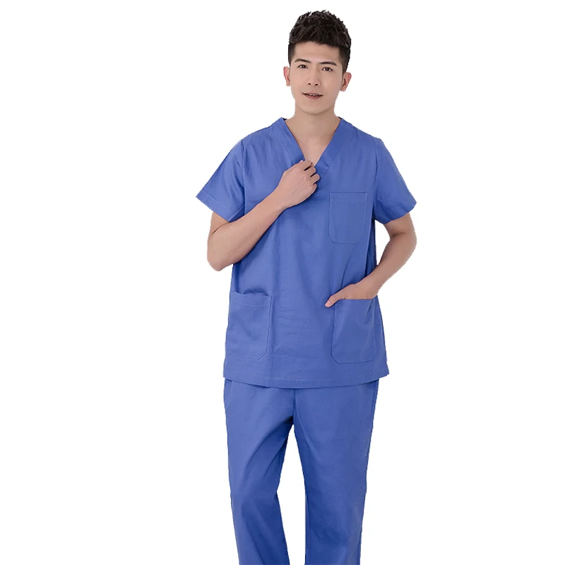 men TOP blue Мужской и Женский скраб-топ из чистого хлопка, медицинская униформа медсестры, Классическая рубашка с v-образным вырезом и коротким рукавом(только топ - Цвет: men TOP blue