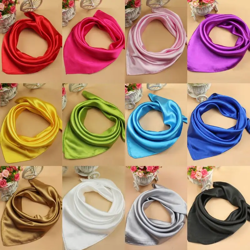 

60x60CM Women Unisex Spring Faux Silk Square Neck Scarf Solid Color Office Lady Handkerchief Performance Head Wraps