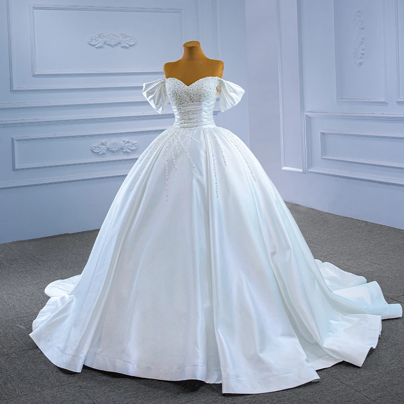 RSM67397 new wedding dress 2021 bridal ball gown plus size elegant off shoulder wedding dress with pearls свадебное платье атлас 4