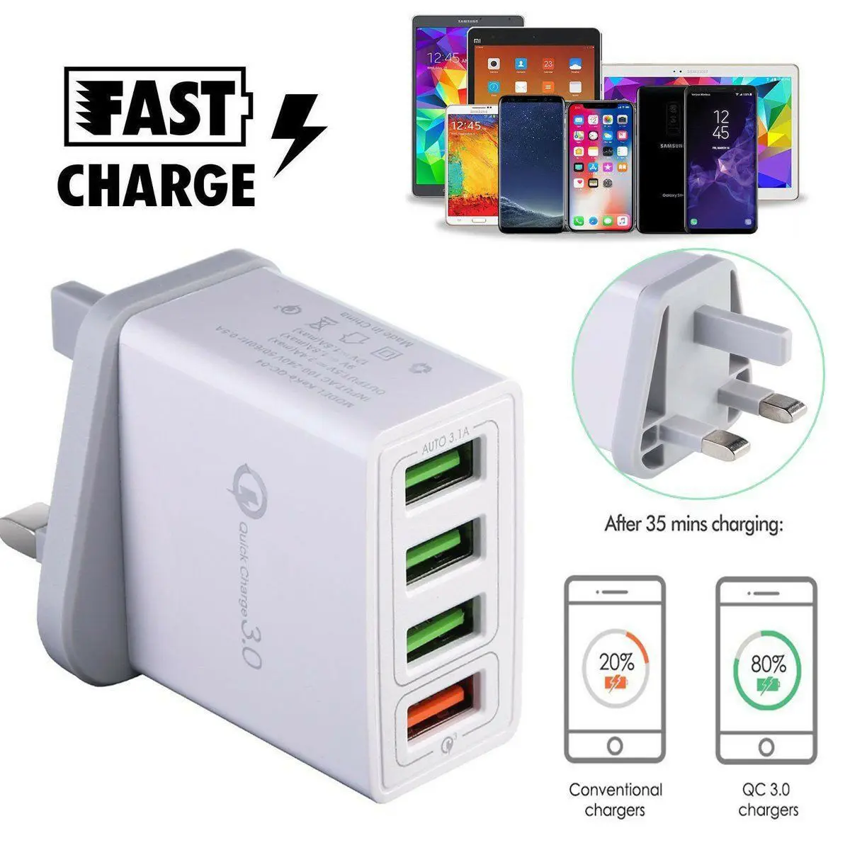 Ottwn 4 USB Charger Quick 3.1A QC3.0 Fast Adapter Wall Travel For iphone 12 11 X XR Xiaomi 8 | Мобильные телефоны и