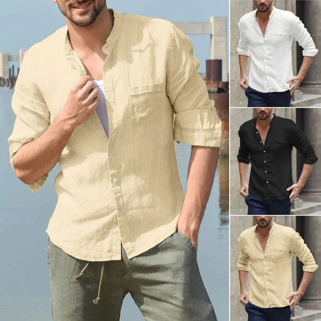 Мужская мешковатая льняная рубашка с длинным рукавом VogueShirts Camisa Fe Мужская рубашка на пуговицах с карманом и стоячим воротником Топы