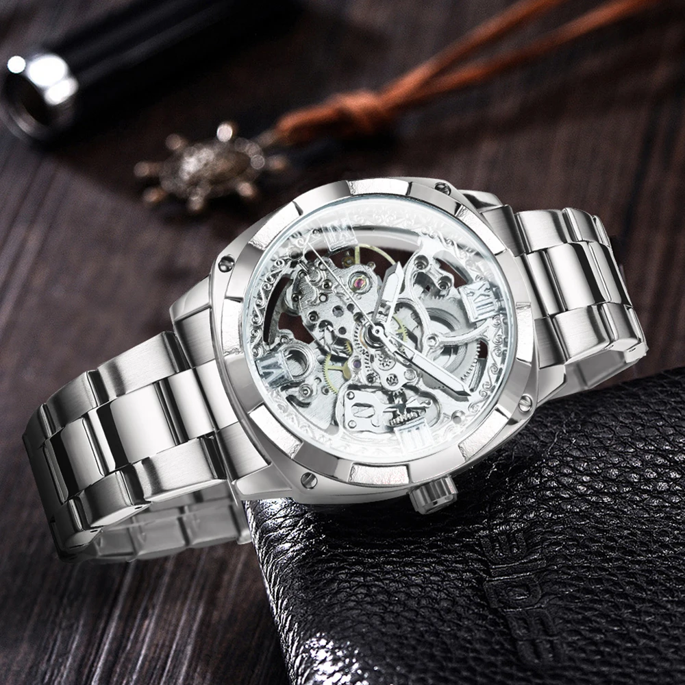 Forsining Transparent Skeleton Gold Watch for Men Mechanical Wristwatches Vintage Engraved Automatic Watches Mens Steel