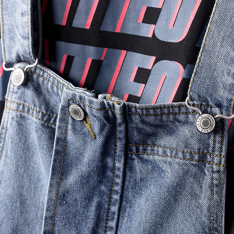 Europe And America Men Denim Bib Overalls Loose Retro Fashion Hip Hop Streetwear Jumpsuit Blue Jeans Pants Freight Trousers