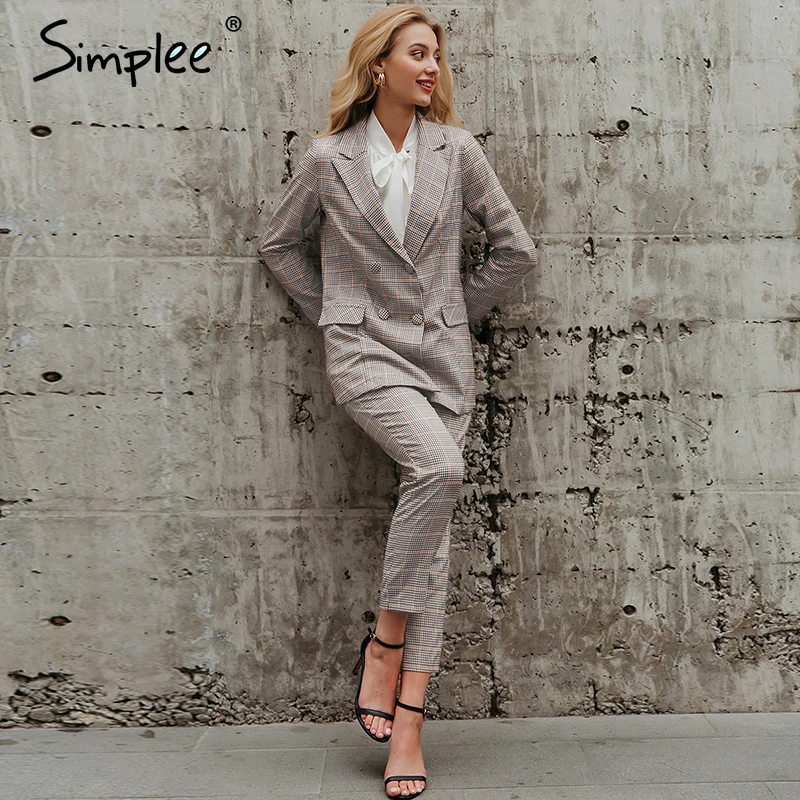 Женский блейзер в клеточку Simplee, офисный двубортный блейзер с карманами и брюки|Брючные костюмы| | АлиЭкспресс