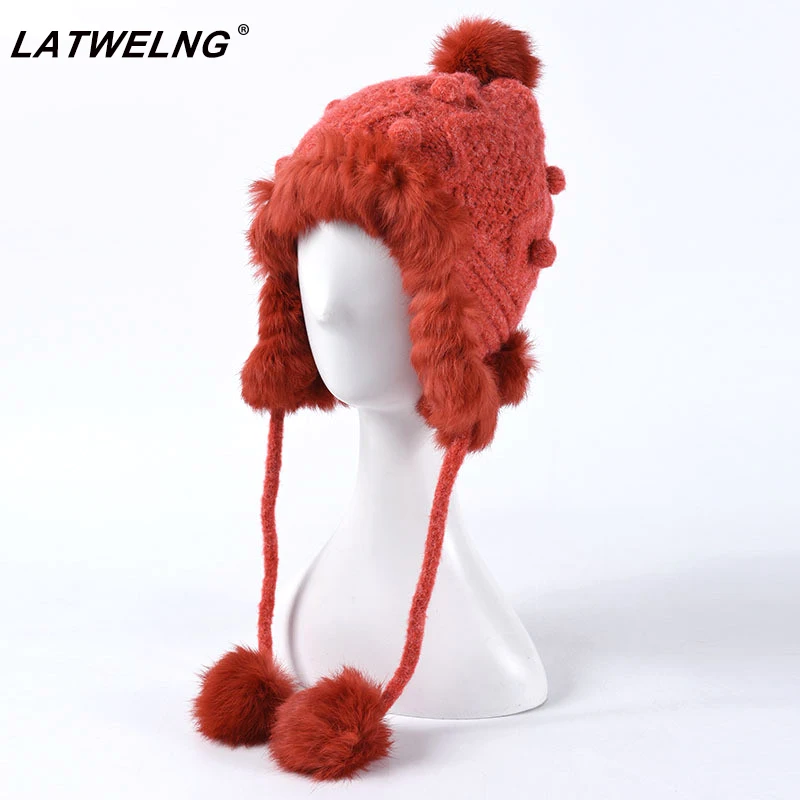

New Fashion Rabbit Fur Pompom Plus Velvet Earmuffs Caps For Women Russian Windproof Cycling Bomber Cap Thicken Knitted Warm Cap