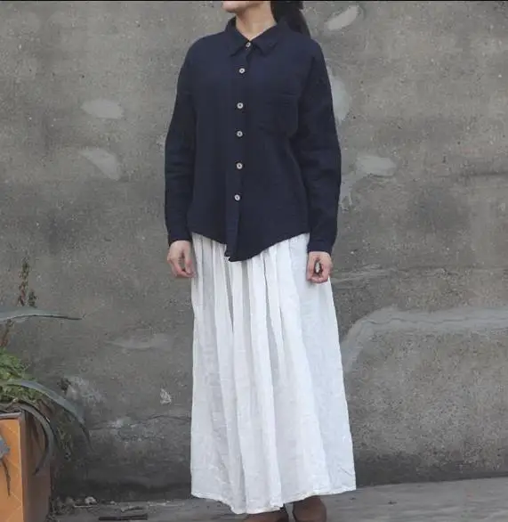 Women New Cotton Linen Elastice Waist Floor Length Autumn Pleated Solid Button Casual Long Skirts LJ675