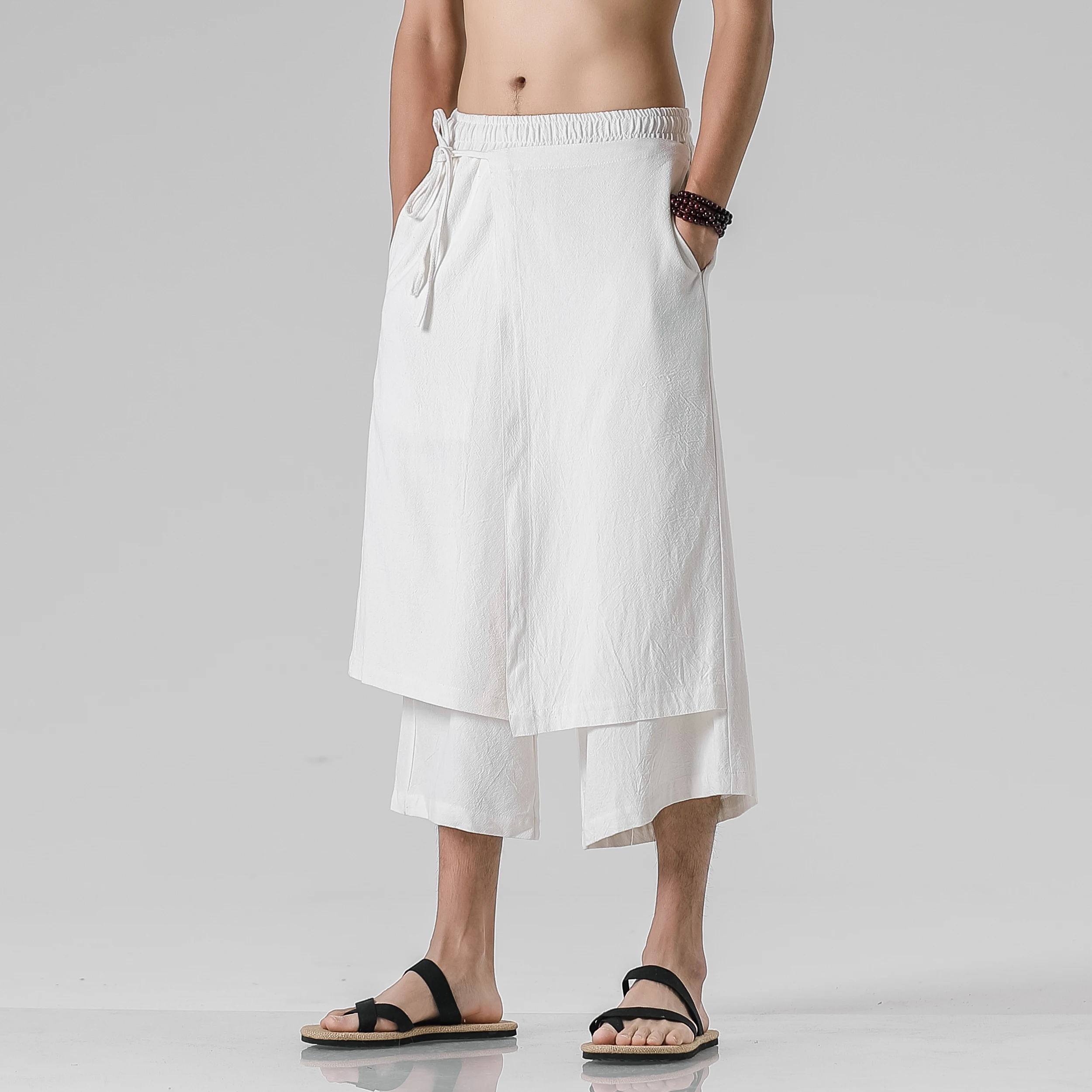 Men Casual Wide Leg Pants Mens Irregular Cotton Linen Harem Pants Male Solid Vintage Skirts Trousers M-5XL