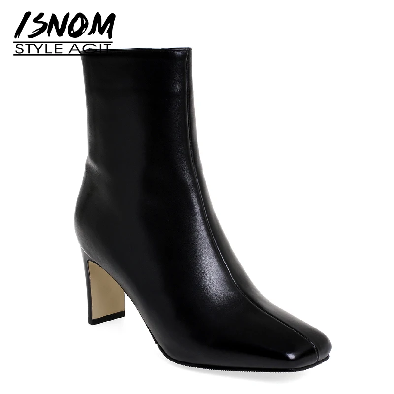 

ISNOM Cow Leather Boots Women High Heels Ankle Booties Woman Square Toe Shoes Female Zip Shoes Ladies Winter 2020 New