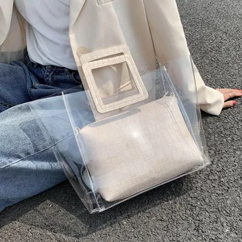 

Hot Fashion 2 Sets Transparent Large Capacity Handbags For Women Summer Shoulder Crossbody Bag Female Totes Beach Hand Bag