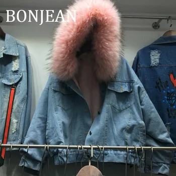 

BONJEAN Faux Fur Decoration Jacket for Women 2019 Winter Coats and Outerwear Hooded Denim Jacket Thick Blue Jeans Coat BJ1804