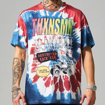 

M44T5 Men's Tshirt 2020 Summer New European and American Coo lCar Printed Irregular Tie-Dye Men's Short-Sleeved T-shirt Fashion