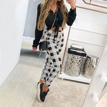 

SFIT Spring Summer Plaid Print Women Straight Pants Elastic High Waist Casual Loose Korean Trousers Female Fashion Vintage Pant