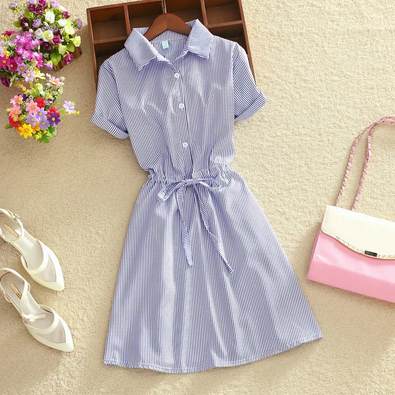2019 Elegant Office Summer Dress Shirt Blue Stripped Cotton Turn Down Collar Wear to Work Shirts Women Dresses | Женская одежда