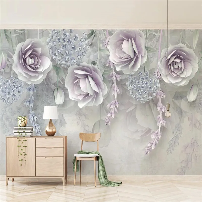 Large 3D wallpaper mural custom purple flower 3D three-dimensional relief flower bedroom background wallpaper mural