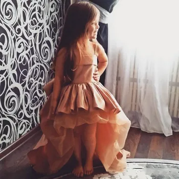 

SexeMara Cute Champagne High Low Flower Girl Dresses Spaghetti Satin And Tulle Girls Pageant Gowns Ruffles Baby Birthday Dress