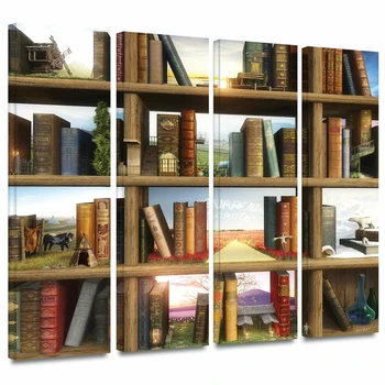

4 Piece Wall Art Home Decor Personality Bookcase Canvas Print Painting Modern Poster Living Room Modular Pictures Frame Artwork