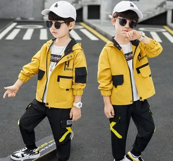 

Boy's suit kids autumn long-sleeved windbreaker tooling jacket and foot pants children's suit new two-piece suit